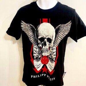 PHILIPP PLEIN SKELETON BLACK T-SHIRT WITH RED STAMP MEN M